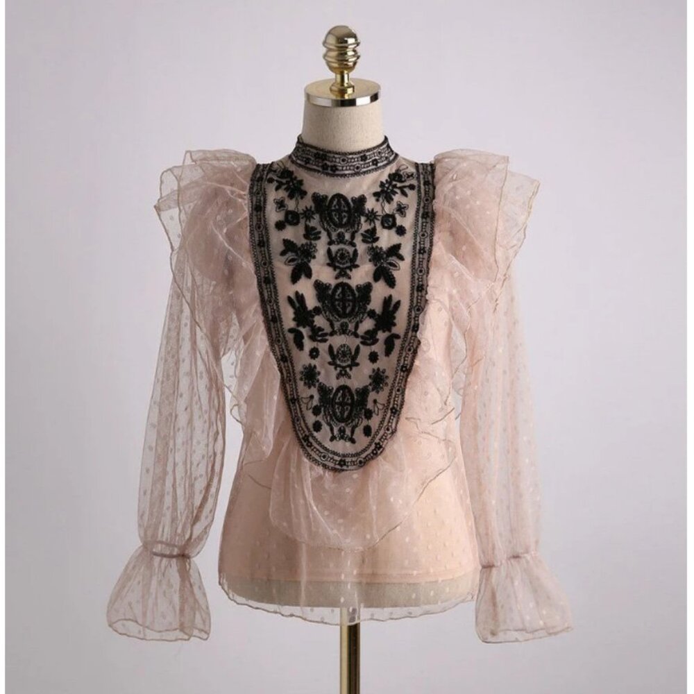 Romantic Sheer Ruffle Blouse with Embroidered Detail